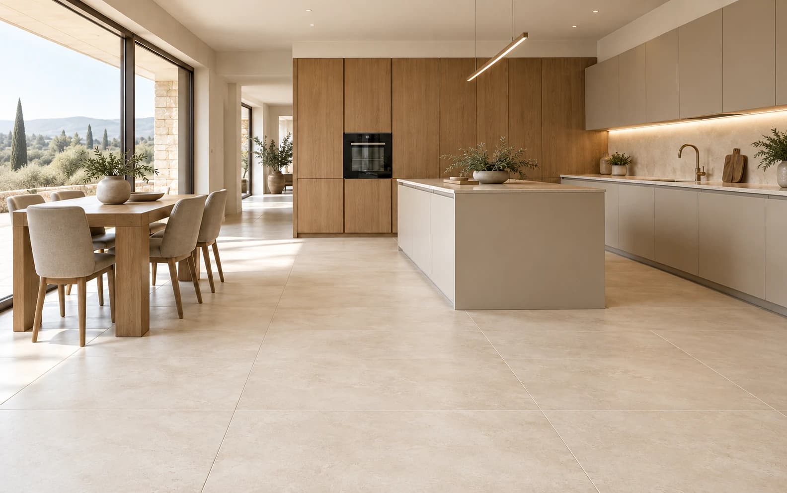 Bright open-plan kitchen with a beige large-format tiled floor