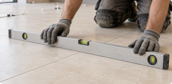 Carreleur vérifiant l’alignement de carreaux grand format avec un niveau