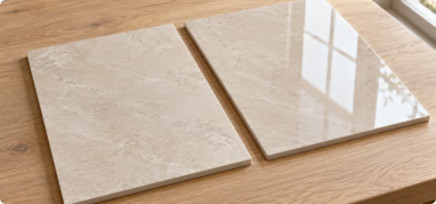 Deux carreaux effet marbre, l’un mat et l’autre brillant, posés sur une table en bois