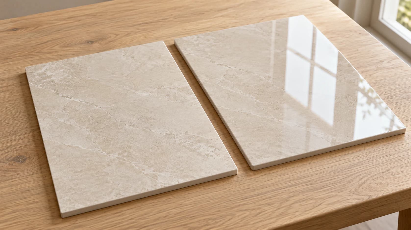 Two marble-effect tiles, one matt and one glossy, on a wooden table