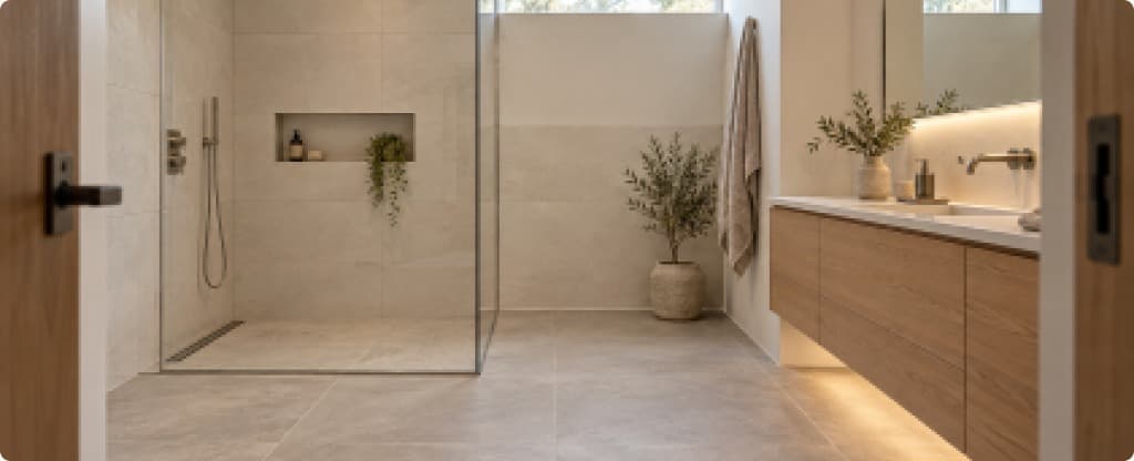 Salle de bain avec douche vitrée, niche murale et carrelage beige