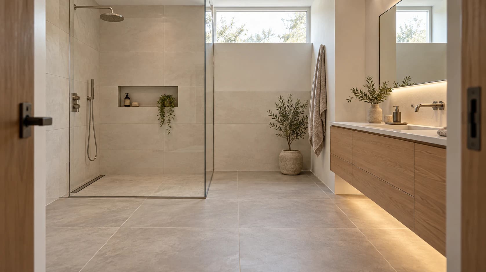 Salle de bain avec douche vitrée, niche murale et carrelage beige