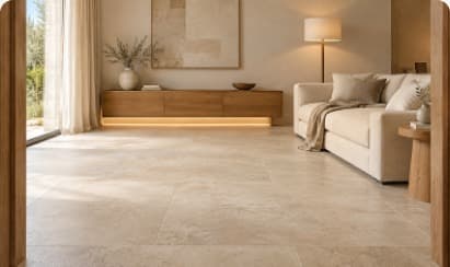 Salon lumineux avec sol en carrelage aux joints discrets