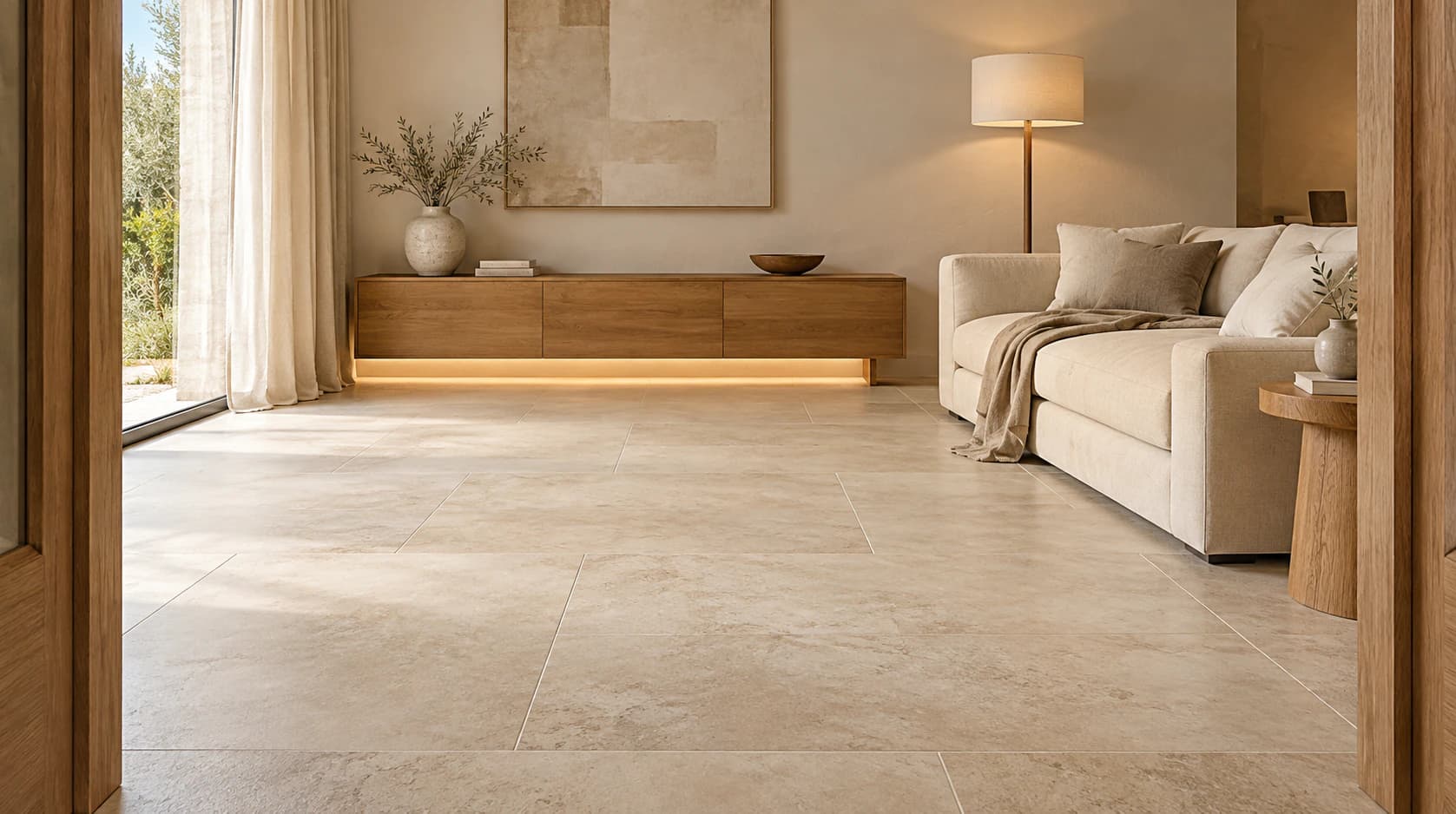 Bright living room with a tiled floor and discreet grout lines