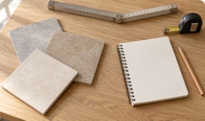 Échantillons de carrelage, carnet et mètre ruban pour préparer un devis