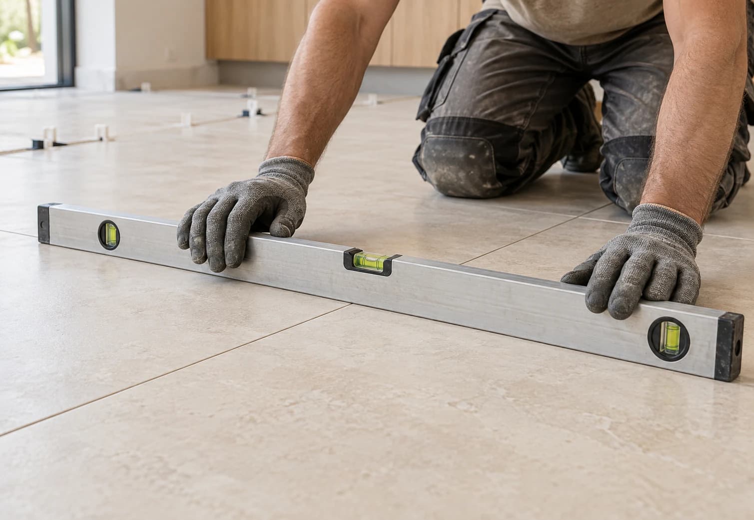 Tiler checking the alignment of large-format tiles with a spirit level
