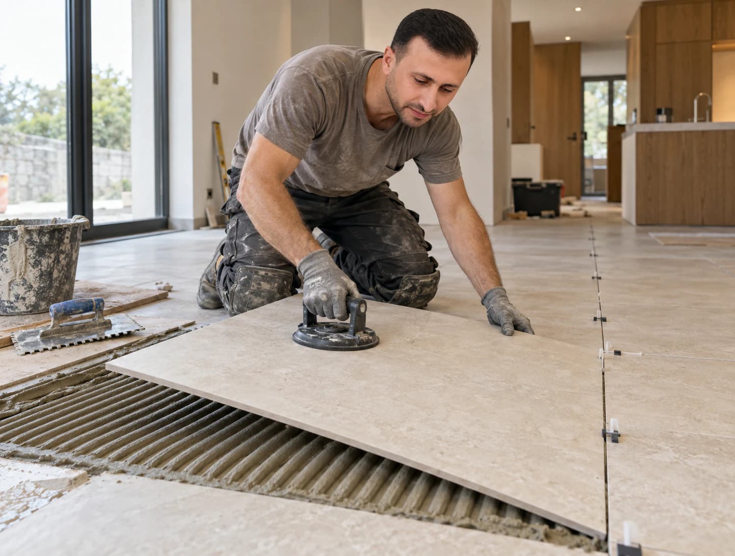 Ozcan Beyazgul laying a large-format tile on a bed of adhesive using a suction lifter