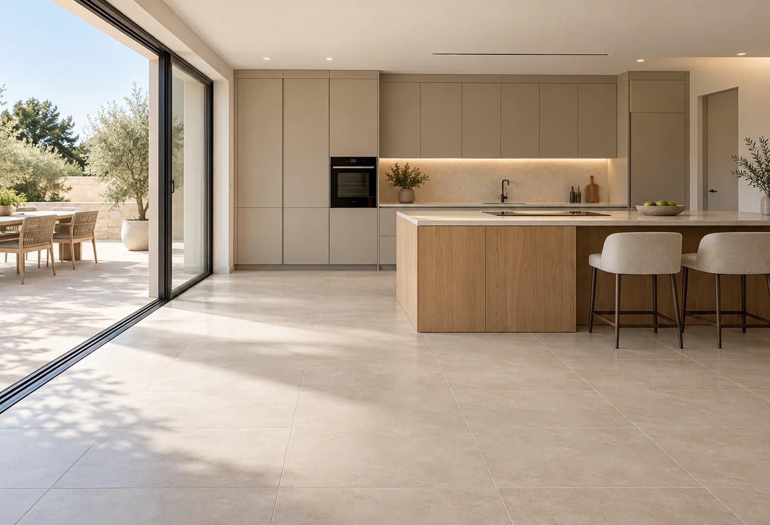 Open-plan kitchen with a central island and a beige large-format tiled floor