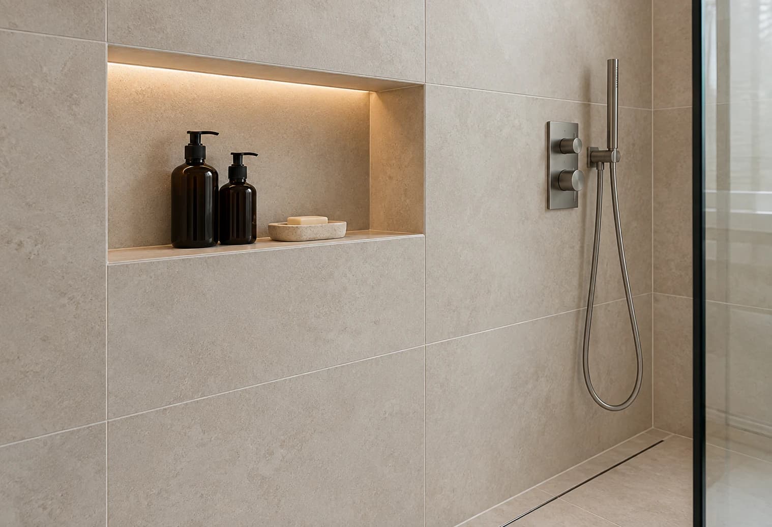 Douche carrelée en beige avec niche murale éclairée et caniveau de douche