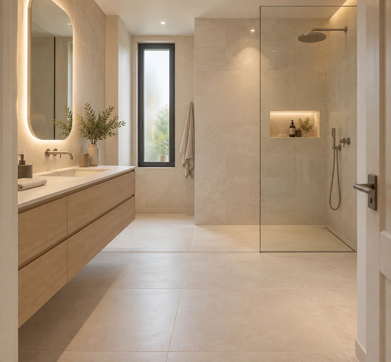 Salle de bain avec douche à l’italienne vitrée, carrelage beige et meuble vasque suspendu en bois
