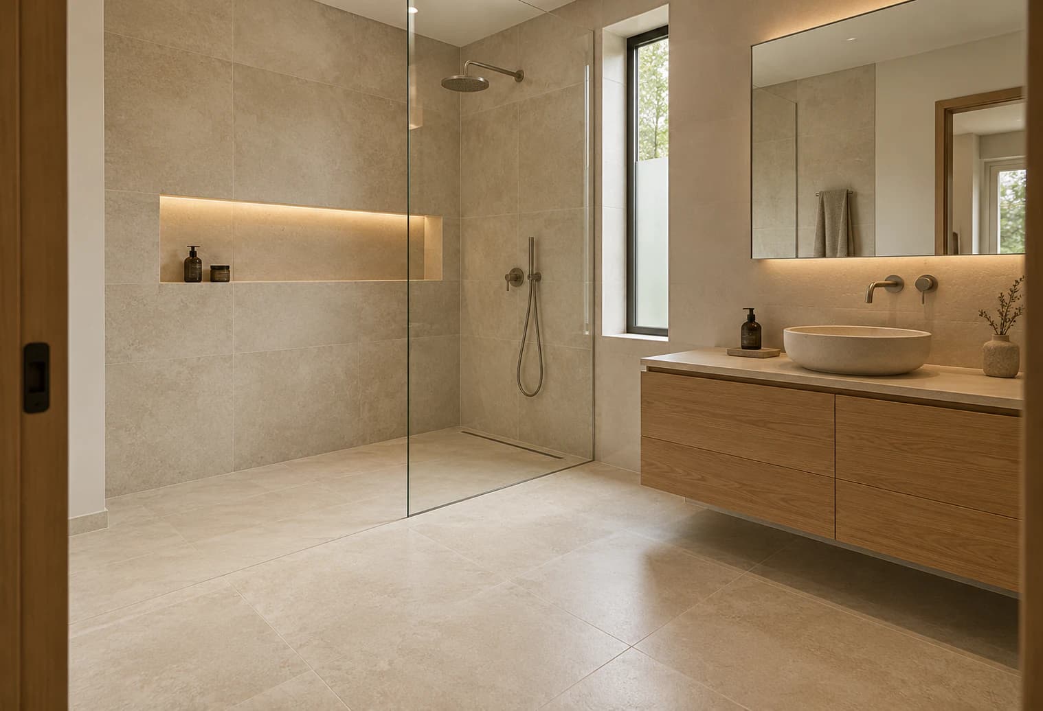 Salle de bain avec douche de plain-pied, niche murale et meuble vasque en bois
