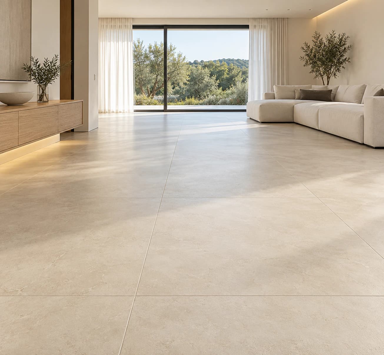 Grand séjour lumineux en carrelage grand format clair aux joints fins