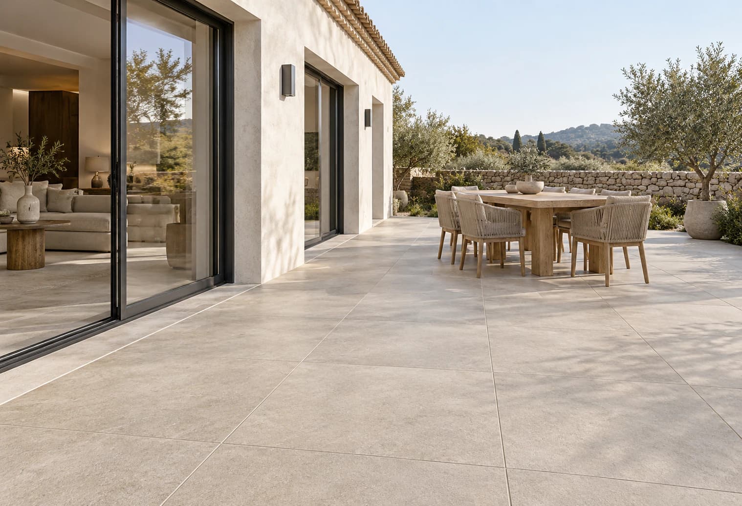 Terrace in pale outdoor tiles with a garden table and chairs