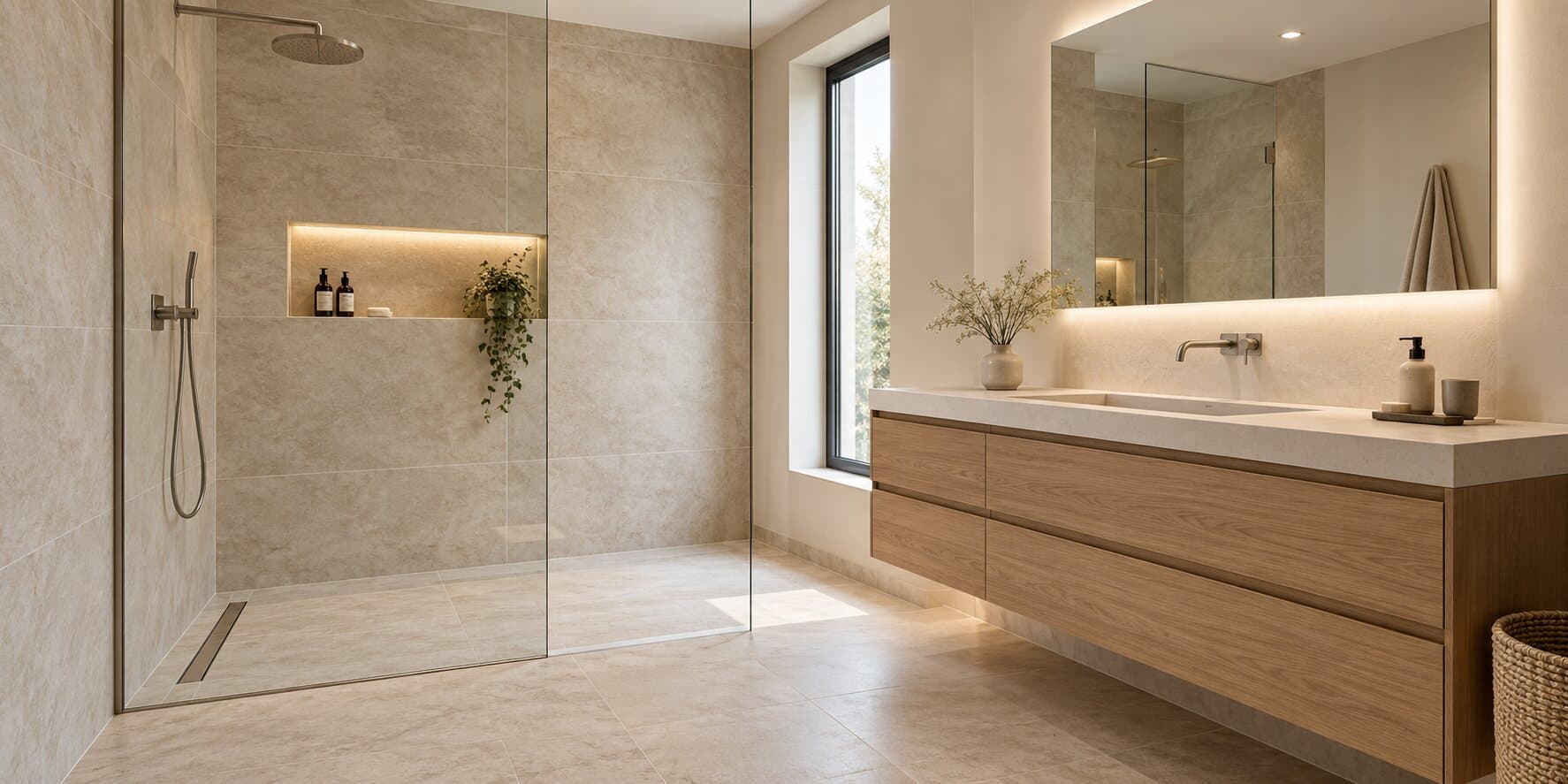 Salle de bain avec douche à l’italienne, carrelage beige et meuble vasque en bois