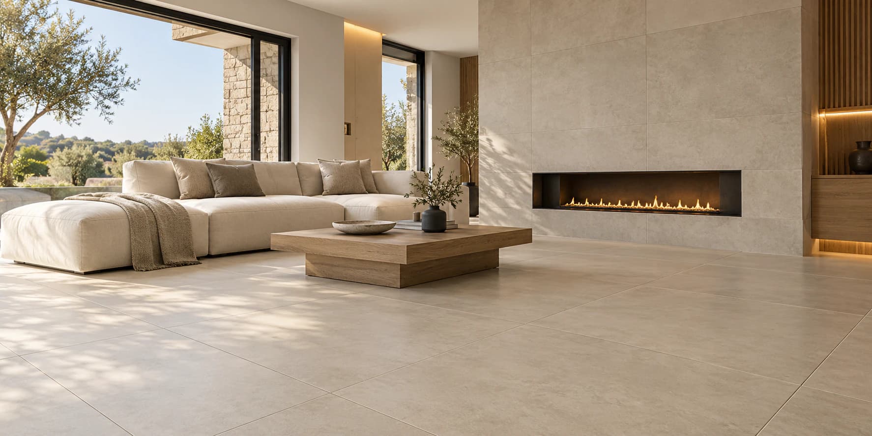 Contemporary living room with stone-effect floor tiles and a tiled fireplace wall